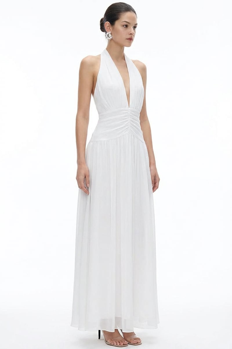 Evianna Off White Silk Chiffon Gown | JewelClues