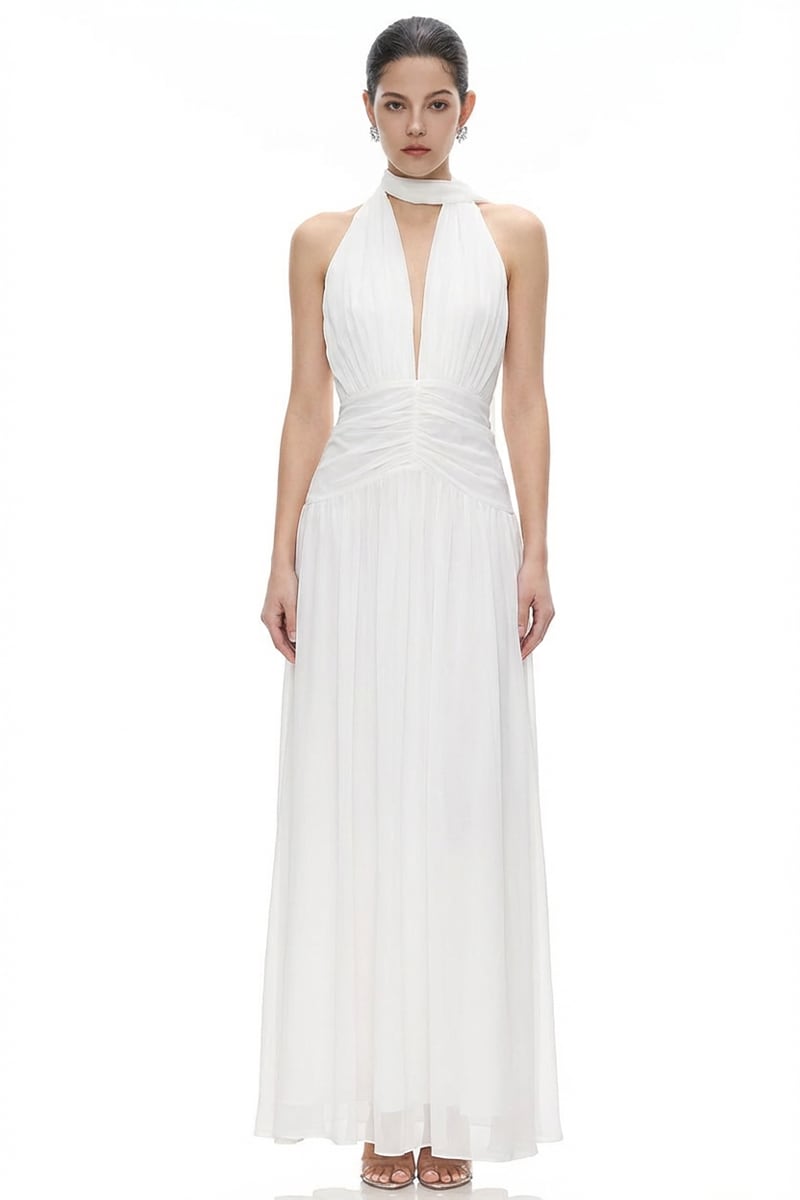 Evianna Off White Silk Chiffon Gown | JewelClues