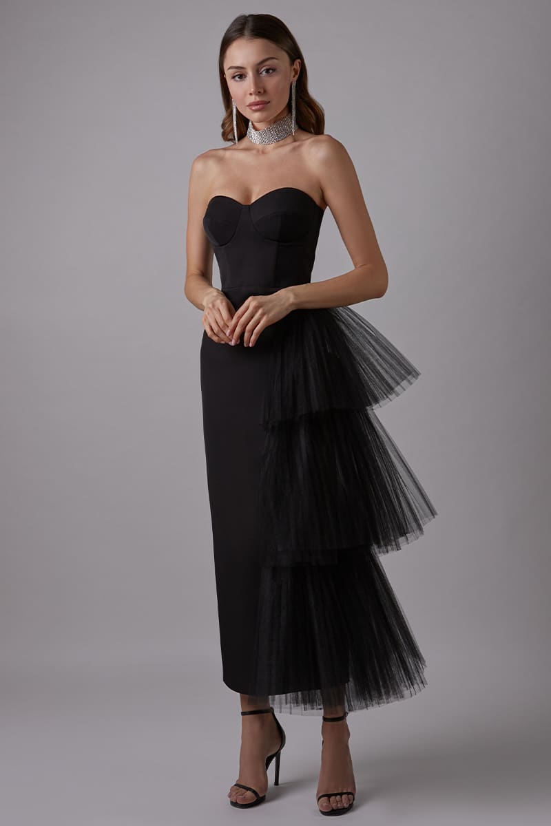 Fae Crepe Strapless Bustier Midi Dress | JewelClues #color_black
