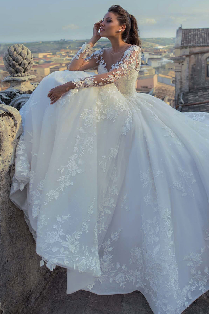 Color_Ivory | Fairytale Romance Lace Applique A-line Wedding Dress | Jewelclues