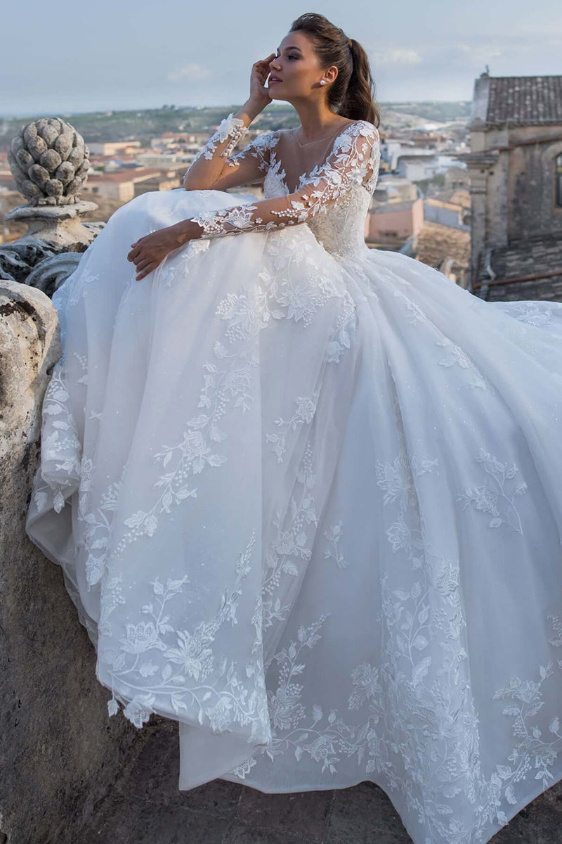 Fairytale Romance Lace Applique A-line Wedding Dress | Jewelclues | #color_white