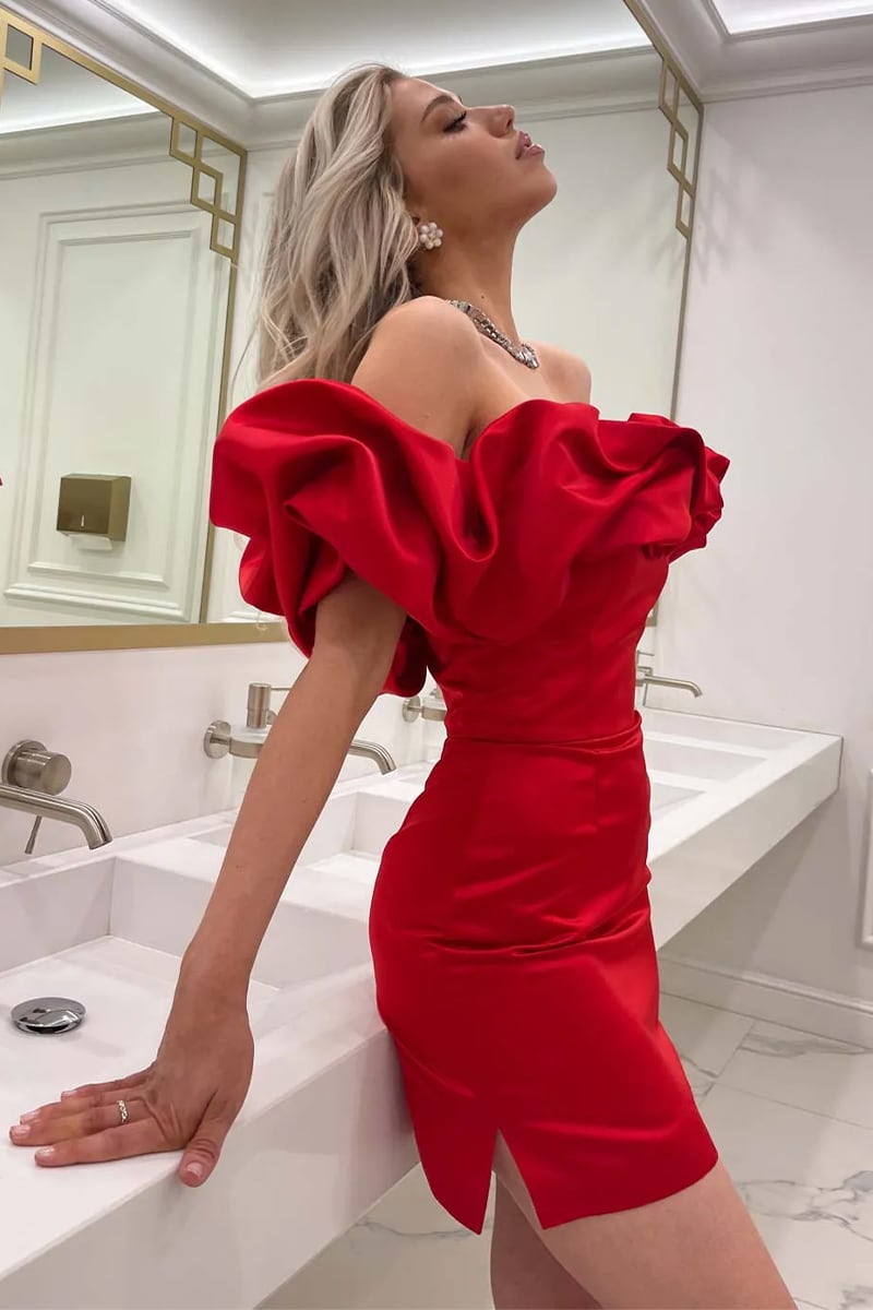 Fleurette Satin Ruffle Strapless Mini Dress | Jewelclues #color_red