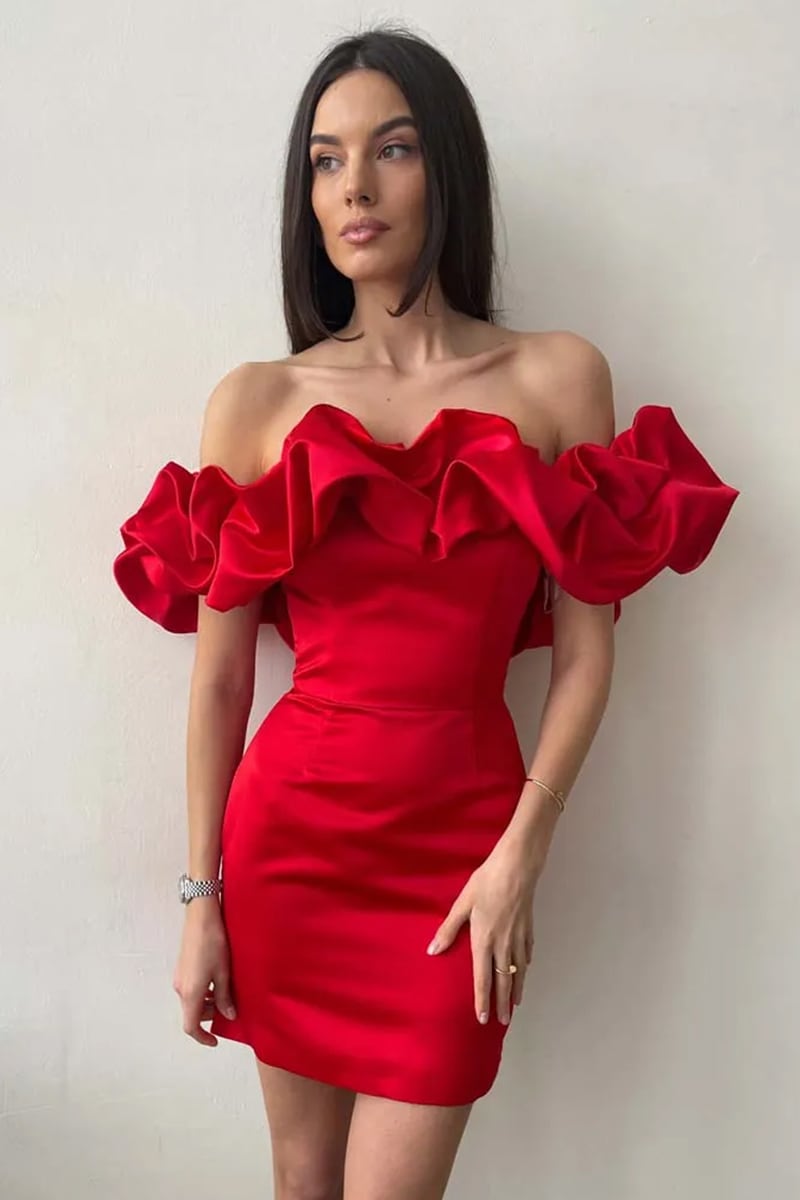 Fleurette Satin Ruffle Strapless Mini Dress | Jewelclues #color_red