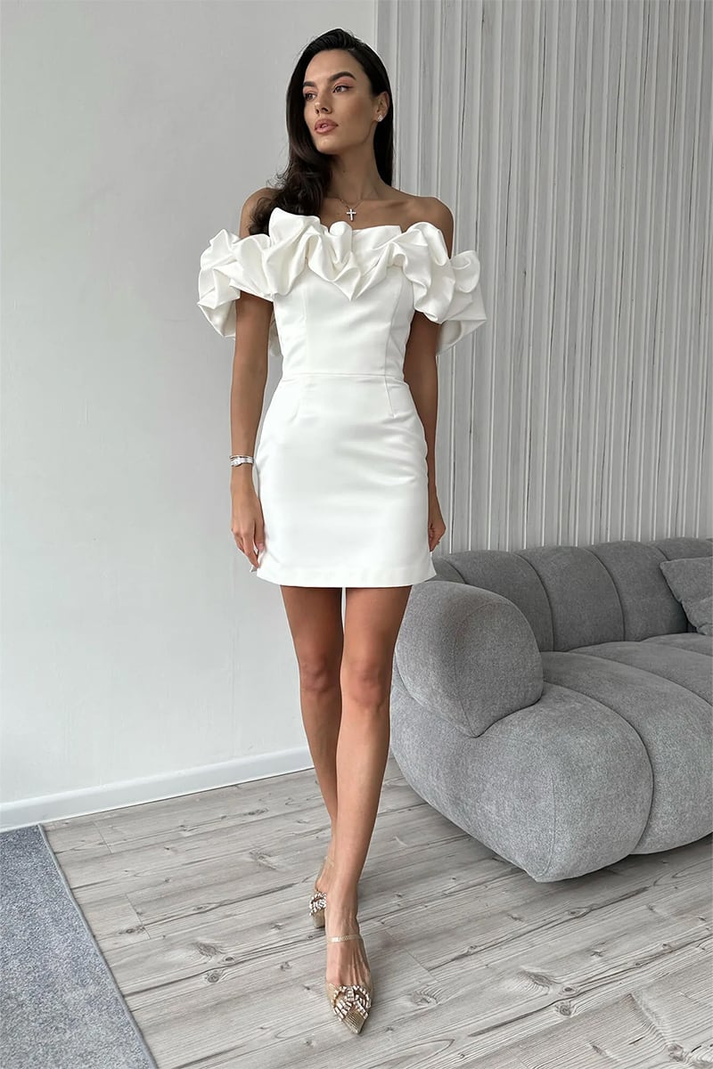 Fleurette Satin Ruffle Strapless Mini Dress | Jewelclues #color_white