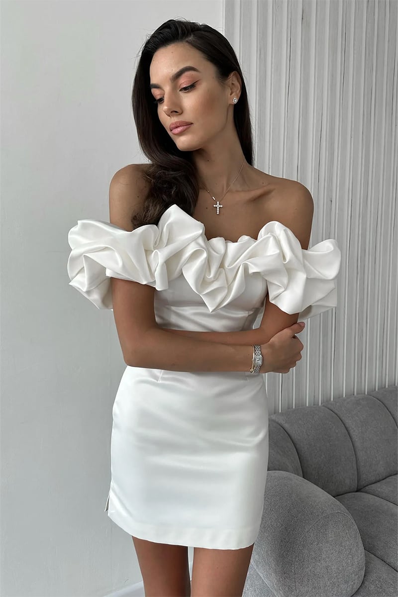 Fleurette Satin Ruffle Strapless Mini Dress | Jewelclues #color_white