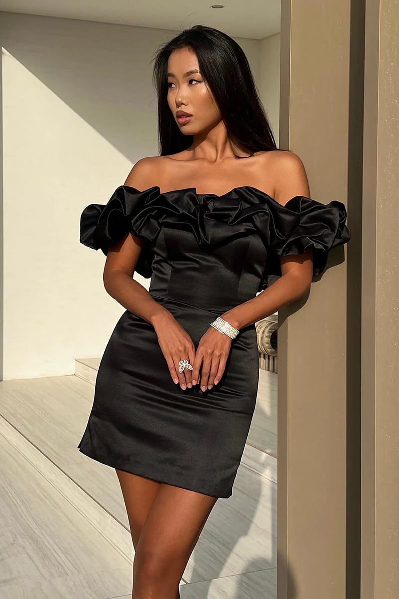 Fleurette Satin Ruffle Strapless Mini Dress | Jewelclues #color_black