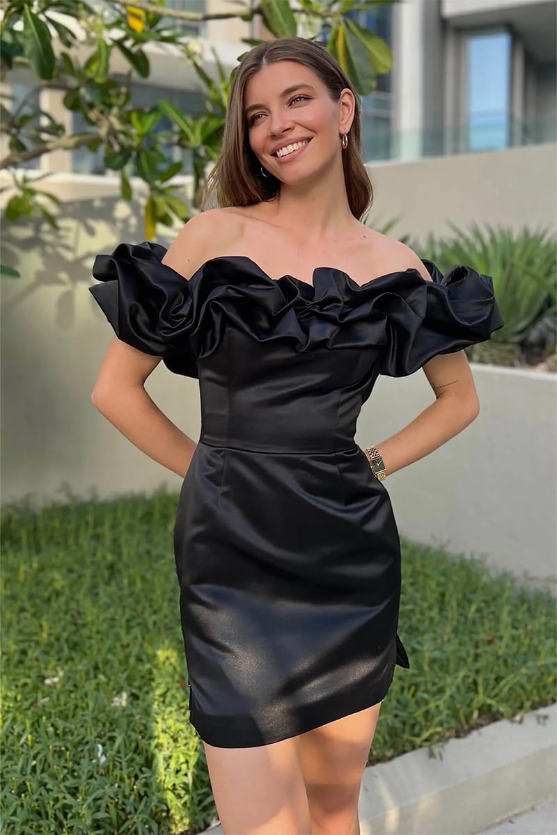 Fleurette Satin Ruffle Strapless Mini Dress | Jewelclues #color_black