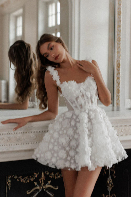 Satin Mini Dress with 3D Floral Appliqués - Ivoire