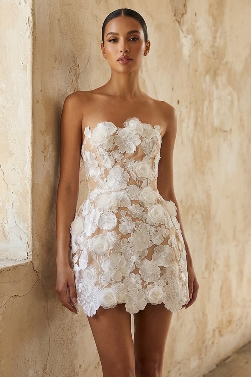Florence Floral-Appliqué Strapless Mini Dress | JewelClues