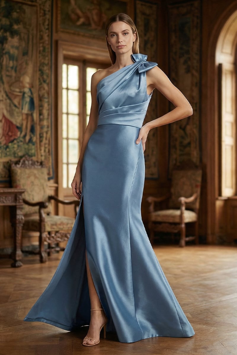 Garnita Bow One-Shoulder Mikado Gown | JewelClues