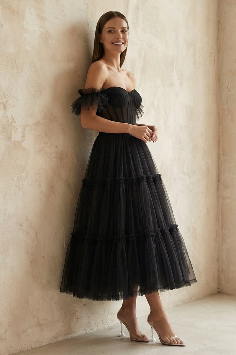 Geisha Ruffled Tulle Midi Dress | JewelClues #color_black