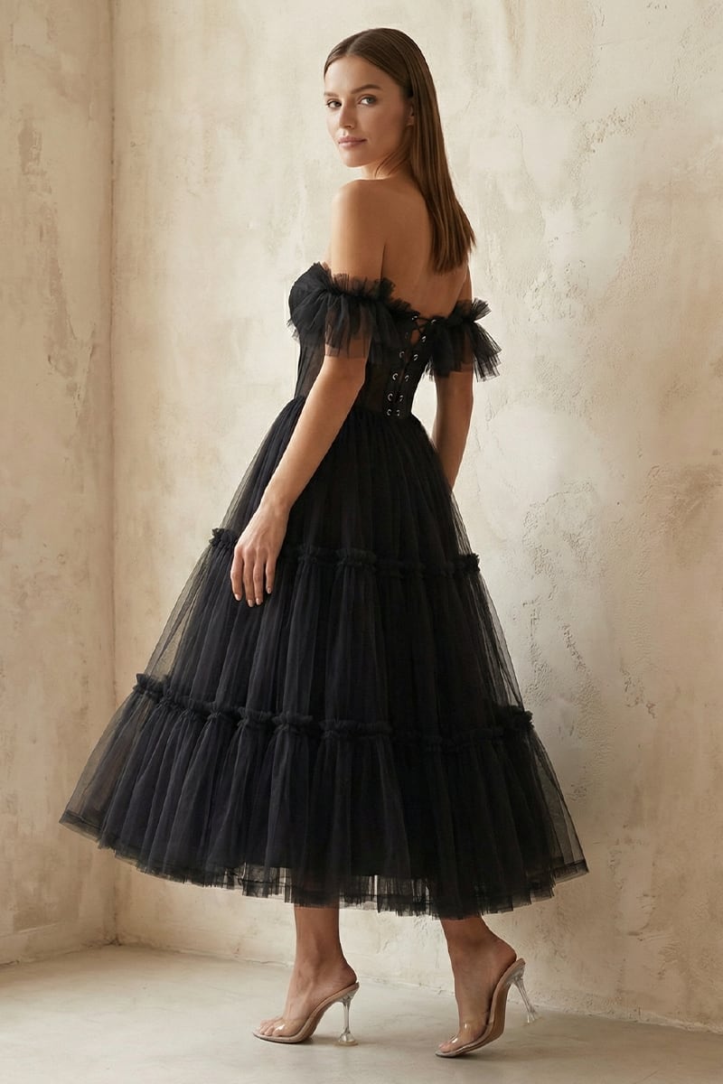Geisha Ruffled Tulle Midi Dress | JewelClues #color_black