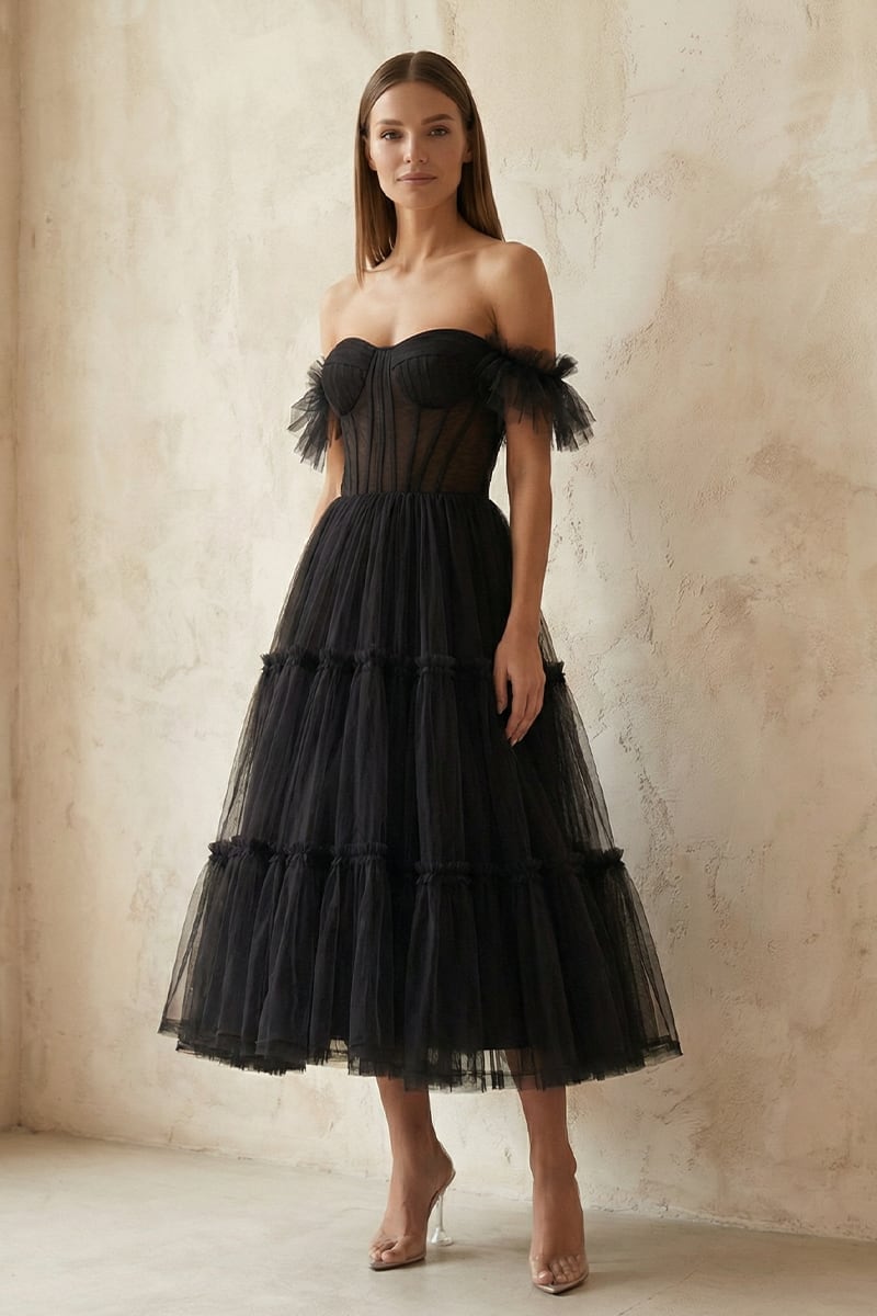 Geisha Ruffled Tulle Midi Dress | JewelClues #color_black