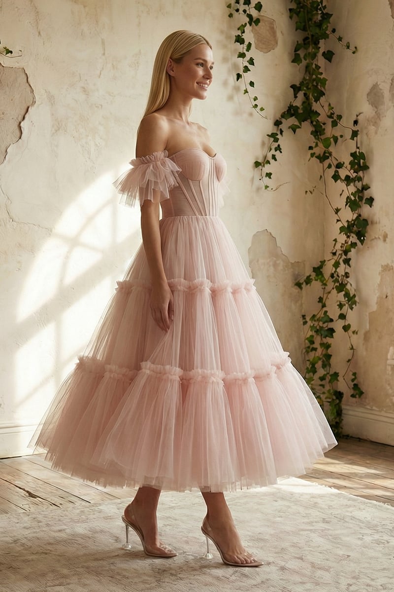 Geisha Ruffled Tulle Midi Dress | JewelClues #color_blush
