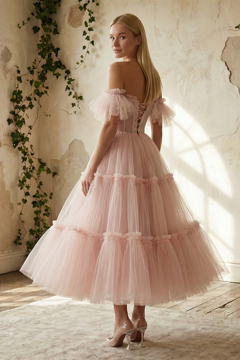 Geisha Ruffled Tulle Midi Dress | JewelClues #color_blush