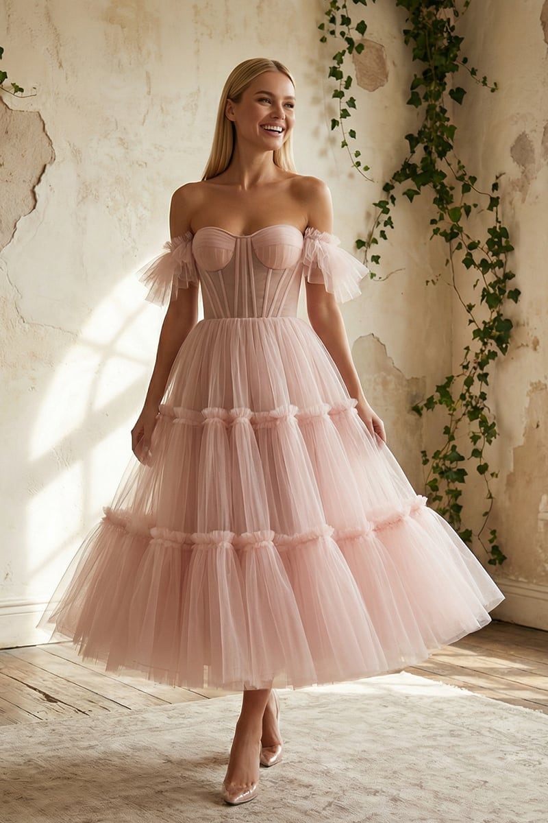 Geisha Ruffled Tulle Midi Dress | JewelClues #color_blush