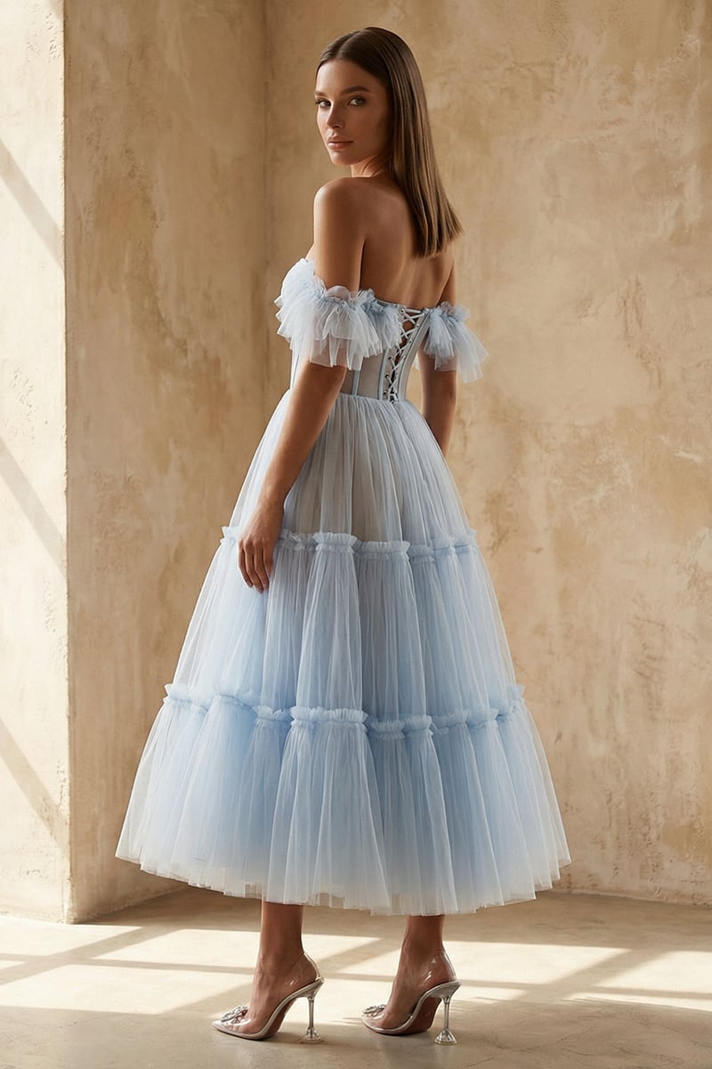 Geisha Ruffled Tulle Midi Dress
