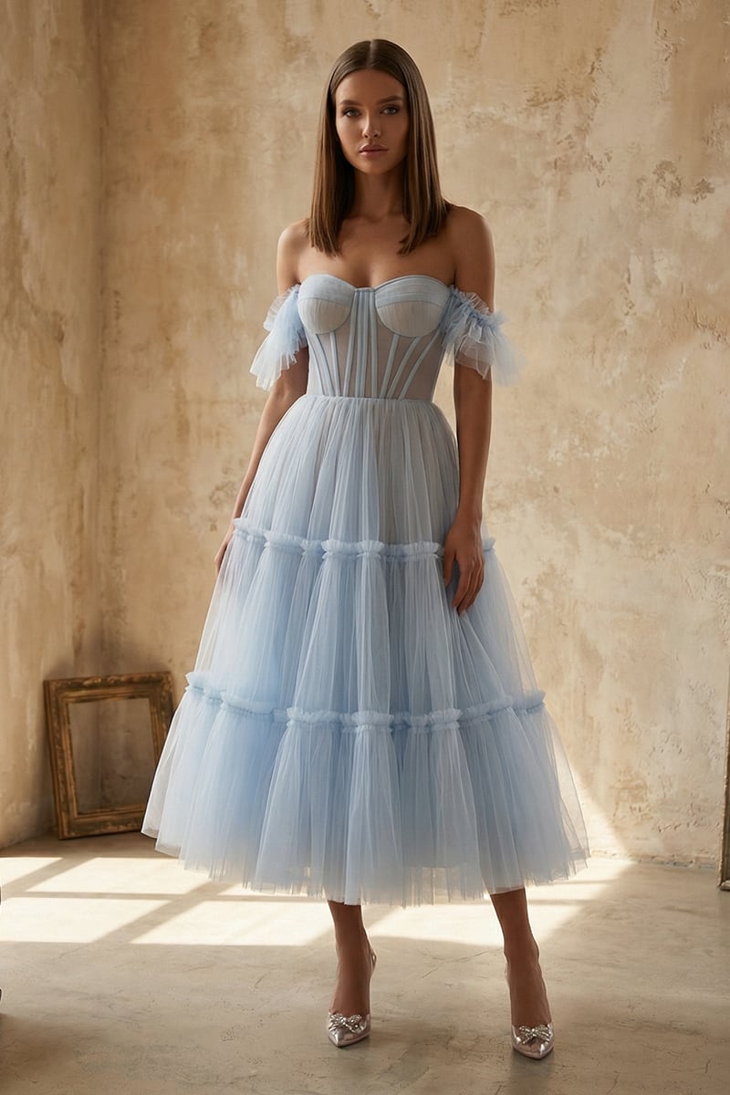 Geisha Ruffled Tulle Midi Dress | JewelClues #color_light blue