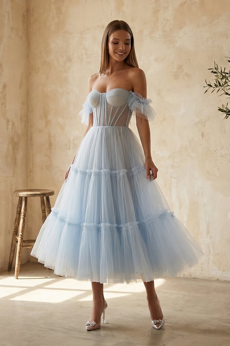 Geisha Ruffled Tulle Midi Dress | JewelClues #color_light blue