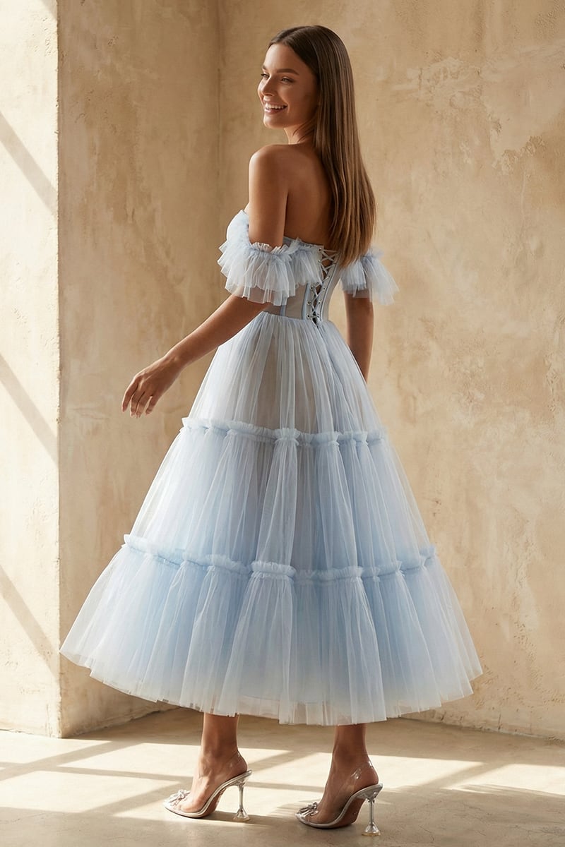 Geisha Ruffled Tulle Midi Dress | JewelClues #color_light blue