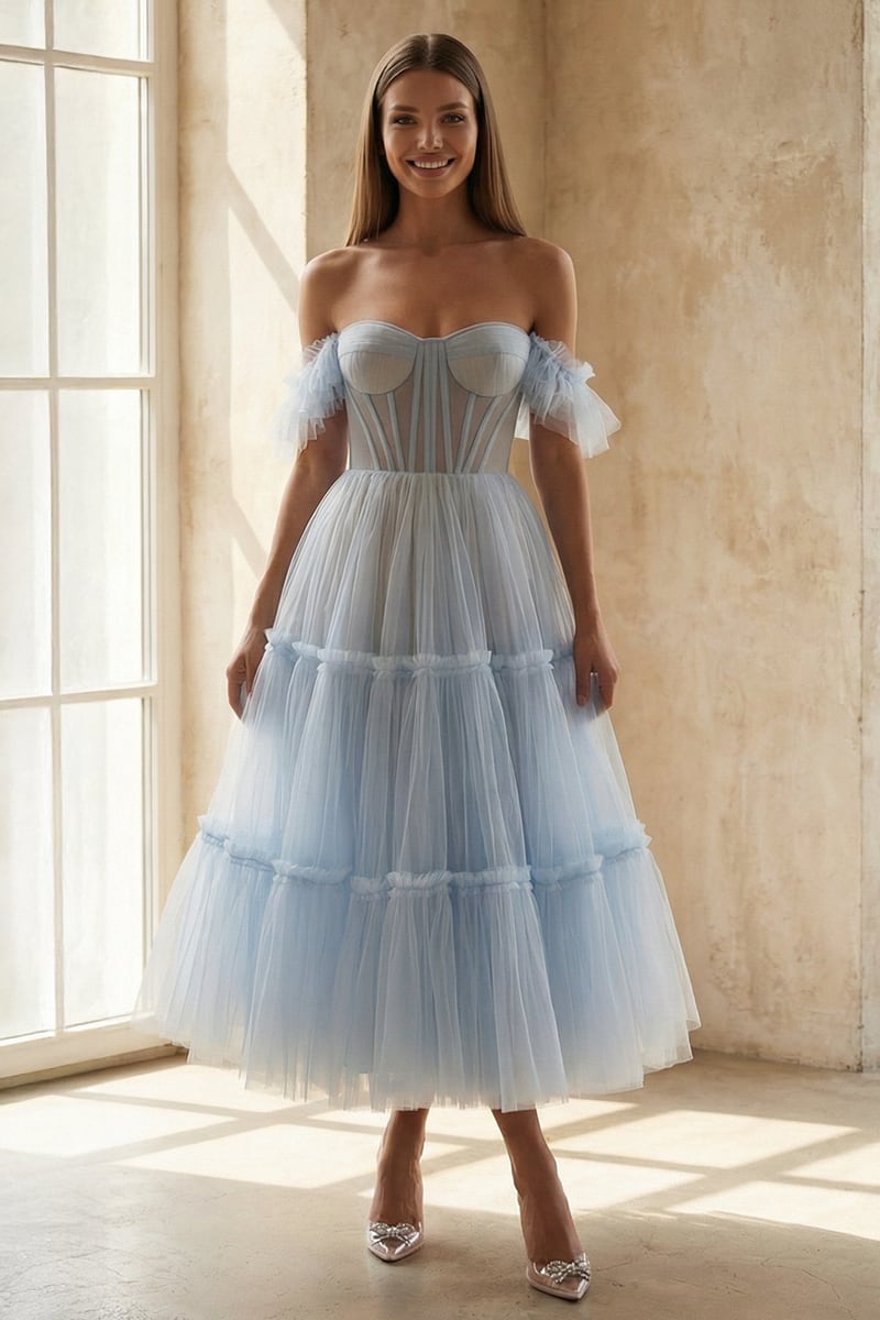 Geisha Ruffled Tulle Midi Dress | JewelClues #color_light blue