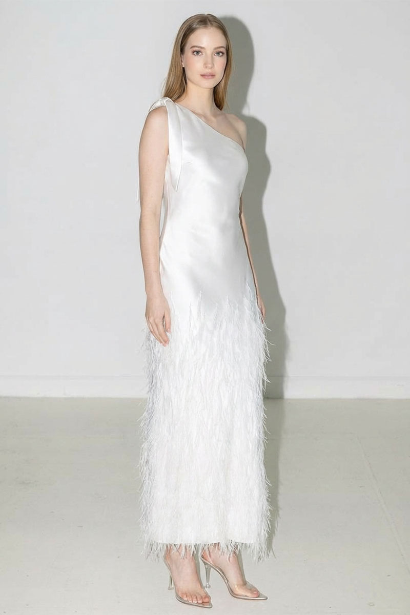 Grace One-Shoulder Feathered Gown | Jewelclues #color_ivory
