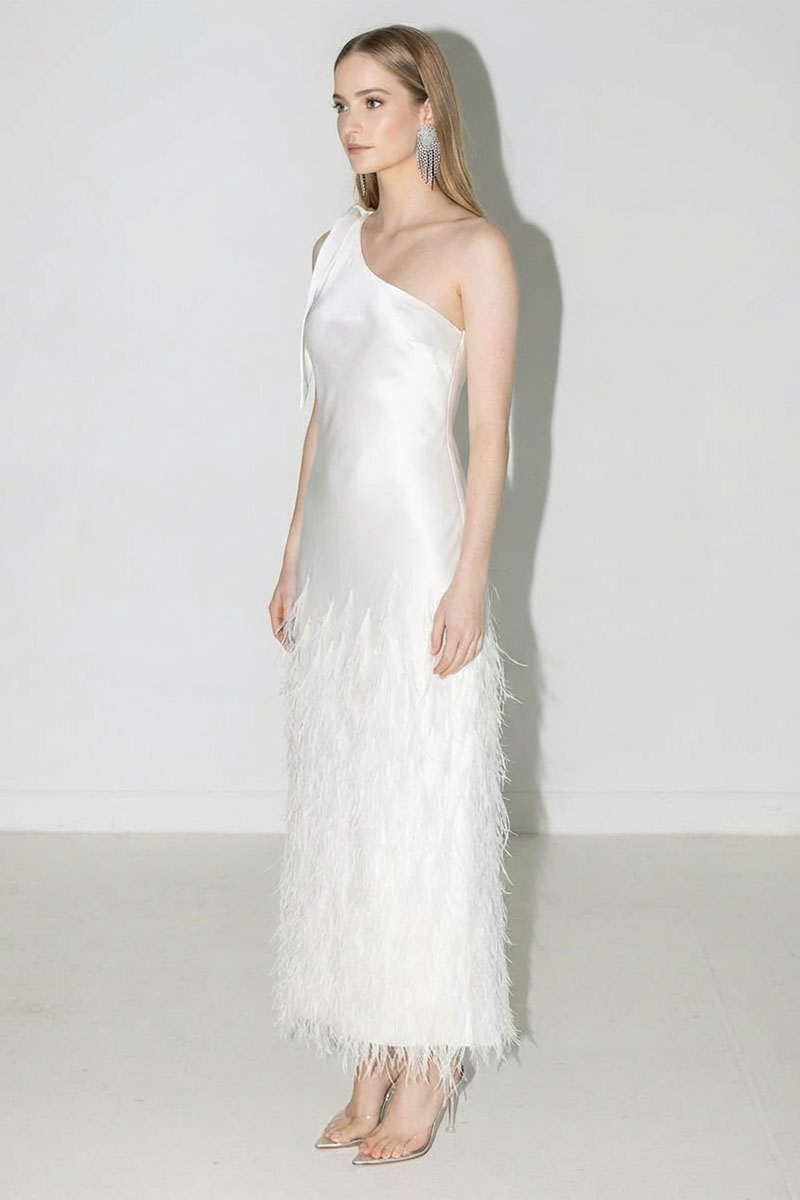 Grace One-Shoulder Feathered Gown | Jewelclues #color_ivory