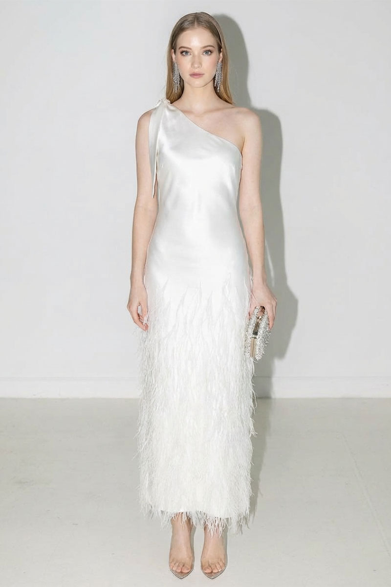 Grace One-Shoulder Feathered Gown | Jewelclues #color_ivory
