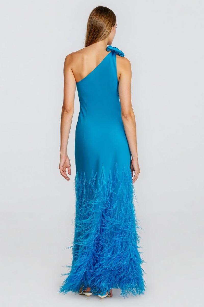 Grace One-Shoulder Feathered Gown | Jewelclues #color_blue