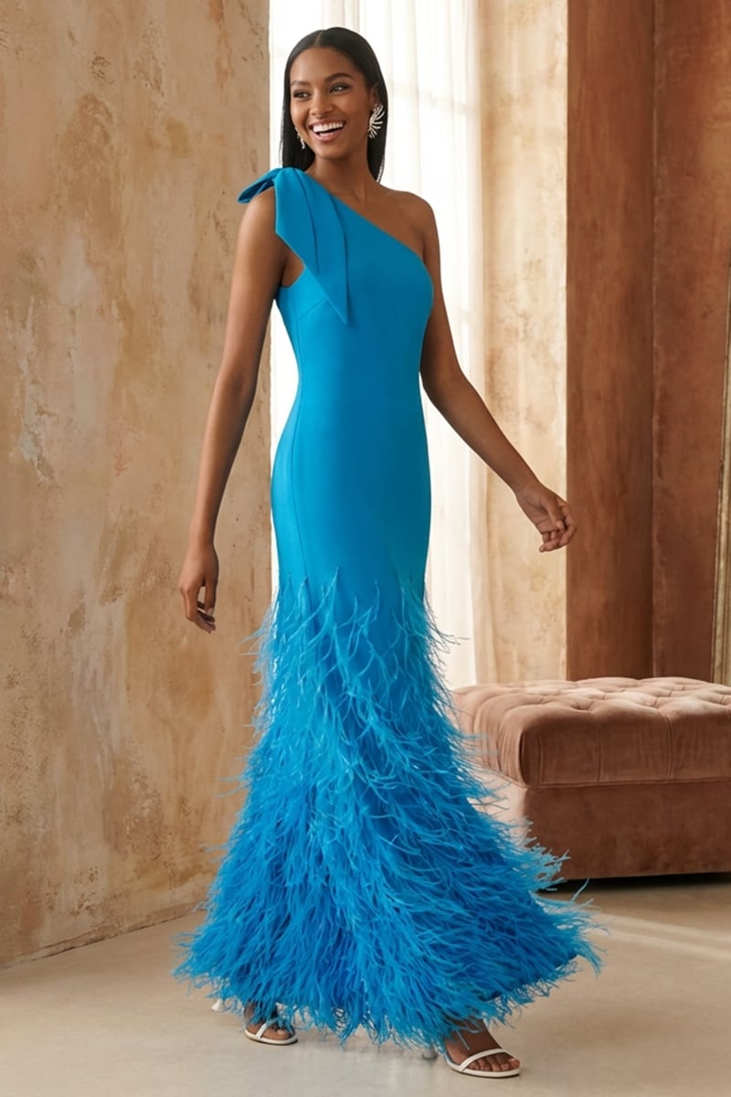 Grace One-Shoulder Feathered Gown | Jewelclues #color_blue