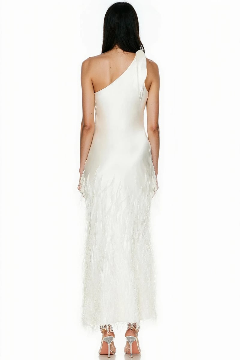 Grace One-Shoulder Feathered Gown | Jewelclues #color_ivory