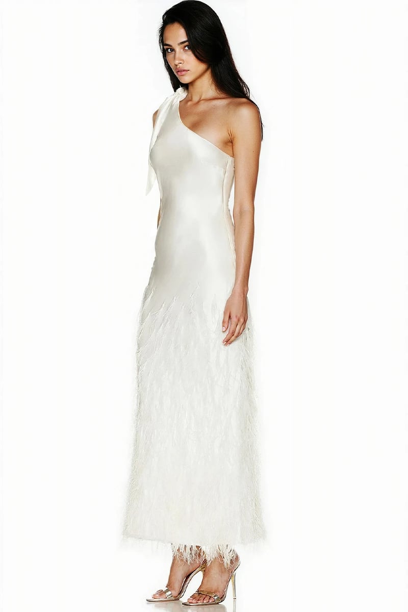 Grace One-Shoulder Feathered Gown | Jewelclues #color_ivory