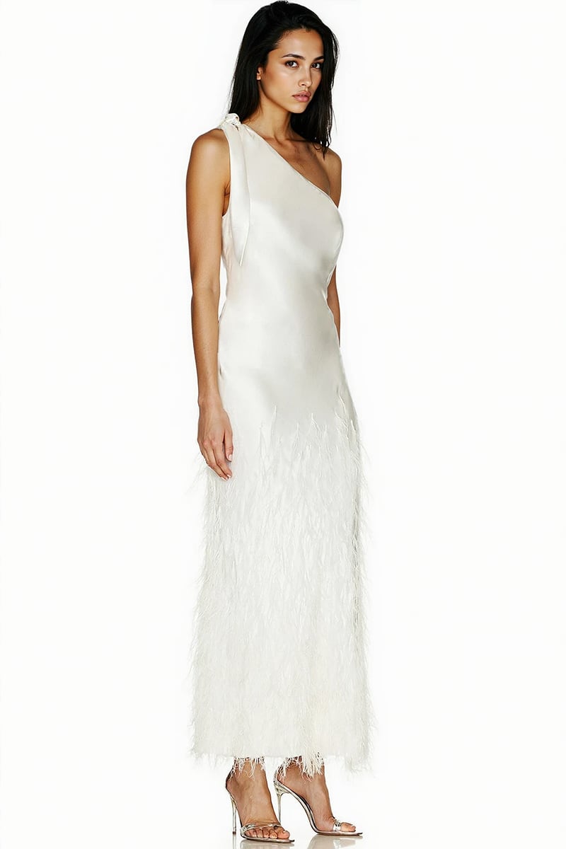 Grace One-Shoulder Feathered Gown | Jewelclues #color_ivory