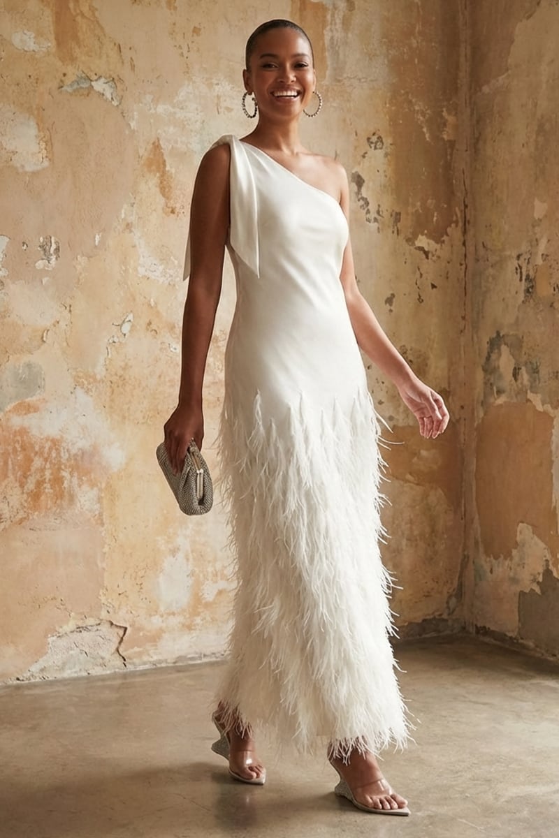 Grace One-Shoulder Feathered Gown | Jewelclues #color_ivory
