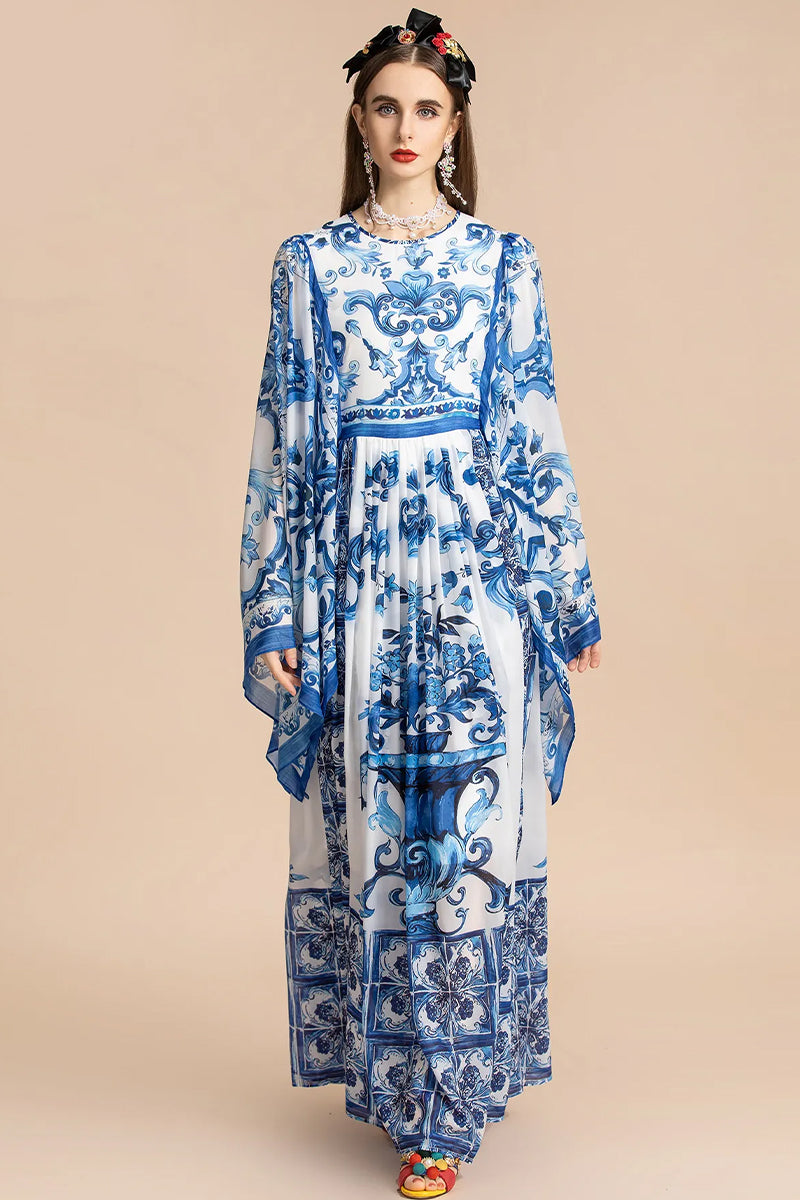 Holiday Glam Mediterraneo Print Kimono-Sleeve Maxi Dress | Jewelclues