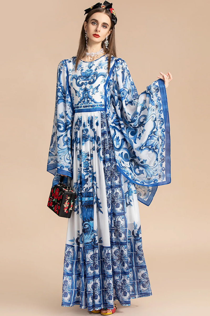 Holiday Glam Mediterraneo Print Kimono-Sleeve Maxi Dress | Jewelclues