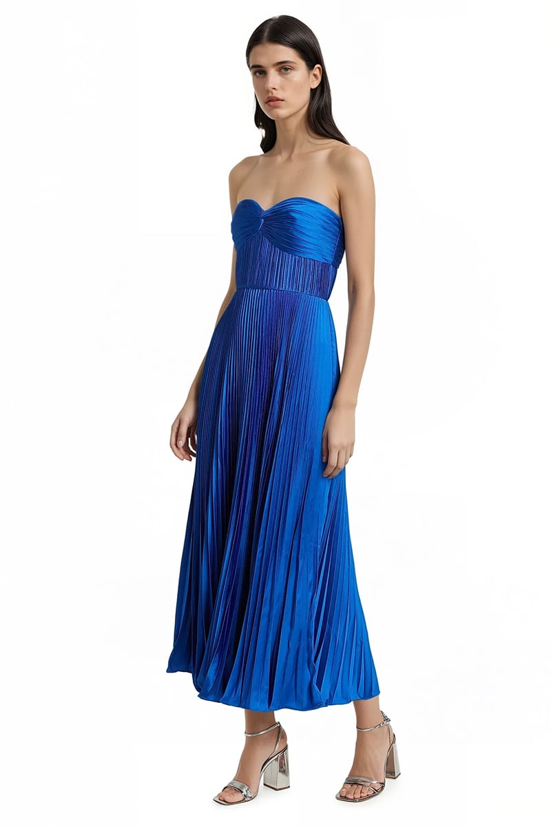 Isla Pleated Tea-Length Dress | Jewelclues #color_blue
