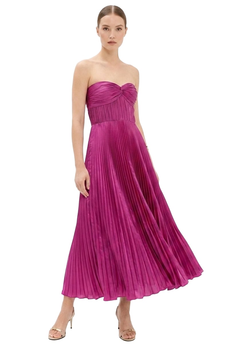 Isla Pleated Tea-Length Dress | Jewelclues #color_fuchsia
