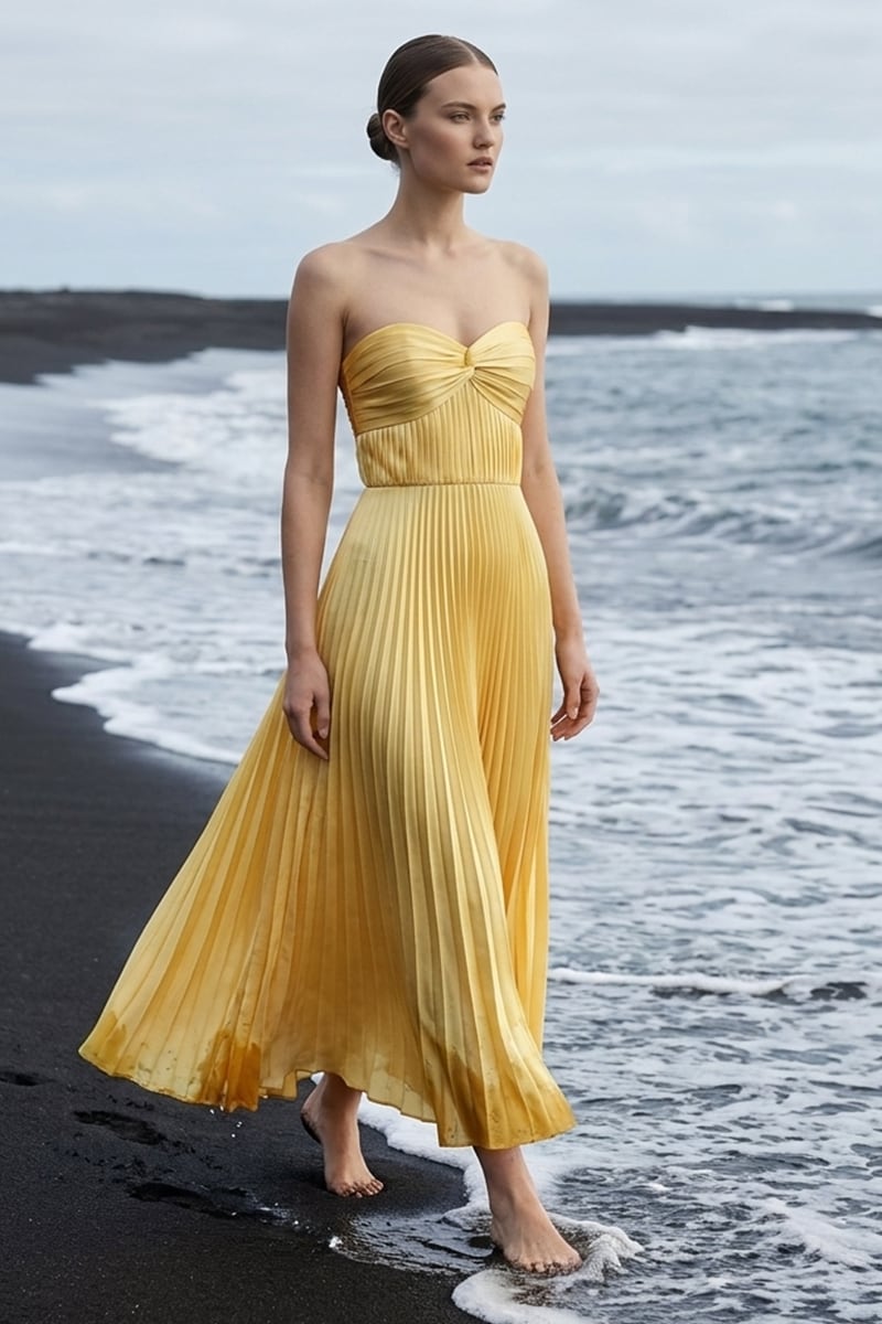 Isla Pleated Tea-Length Dress | Jewelclues #color_buttermilk