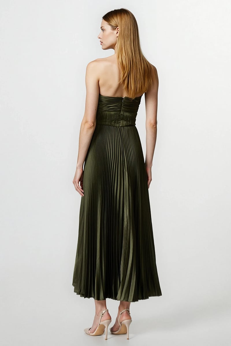 Isla Pleated Tea-Length Dress | Jewelclues #color_olive green