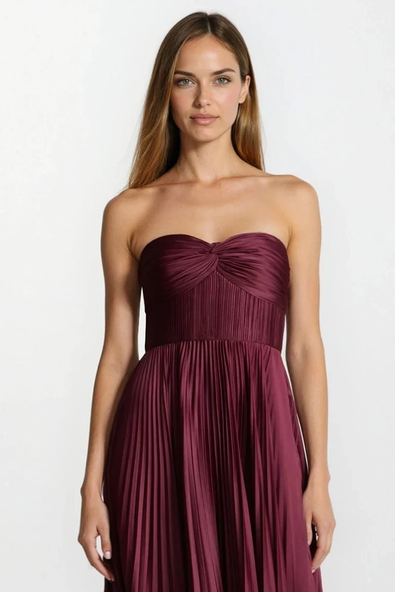 Isla Pleated Tea-Length Dress | Jewelclues #color_claret