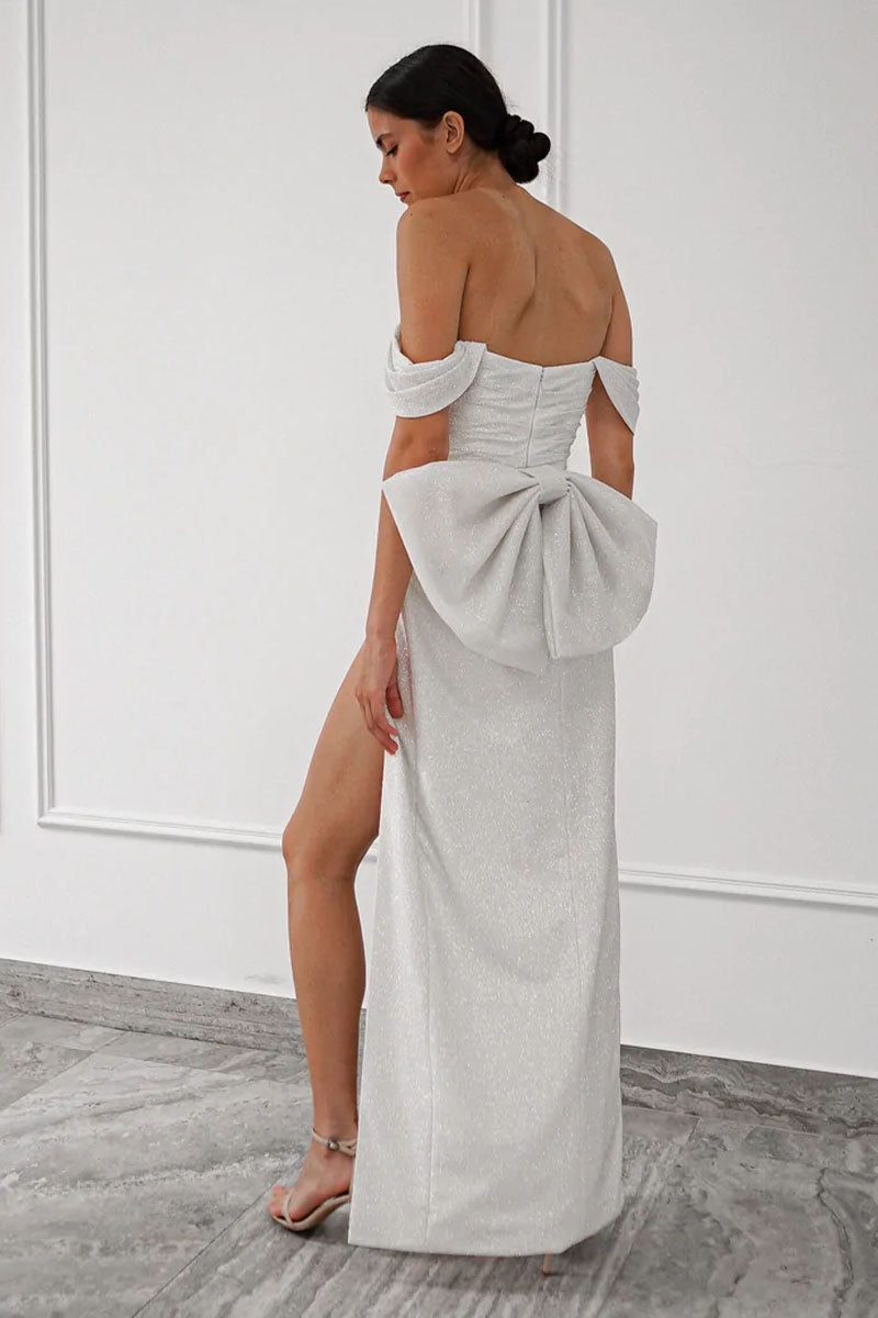 Jenny Sparkly Off-the-Shoulder Bow Back Maxi Dress | Jewelclues | #color_ivory