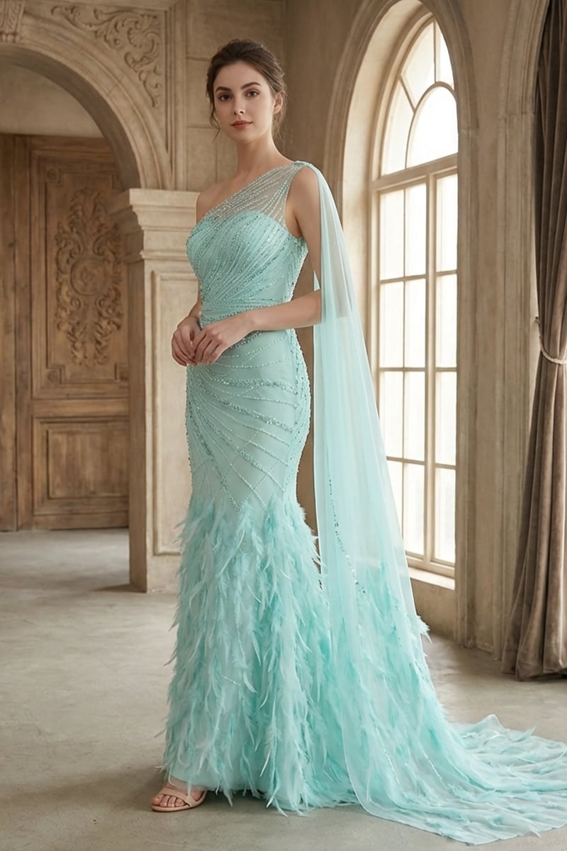 Jessica Embellished One-Shoulder Cape Gown | JewelClues