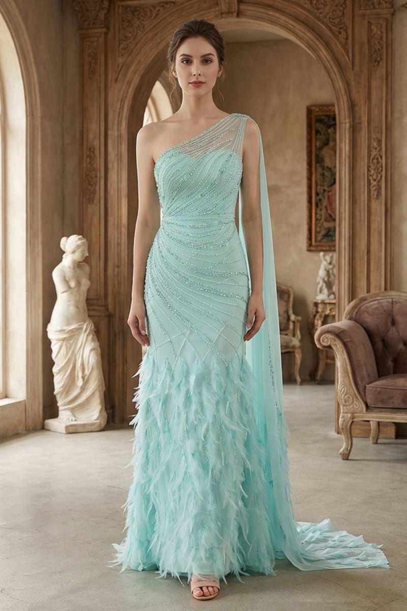 Jessica Embellished One-Shoulder Cape Gown | JewelClues