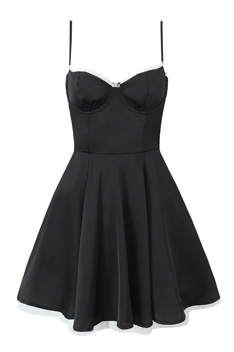Julian Flared Black Satin Mini Dress | Jewelclues
