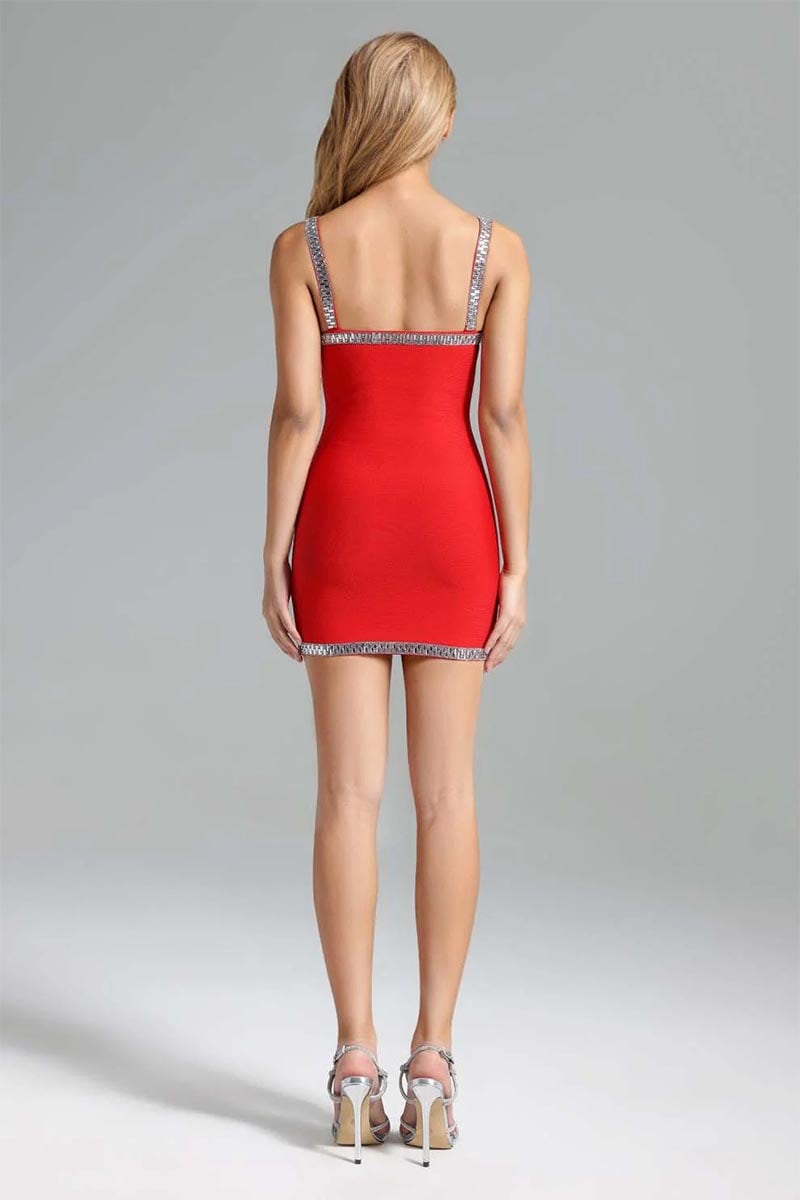Karlie Red Bandage Rhinestone Mini Dress | Jewelclues