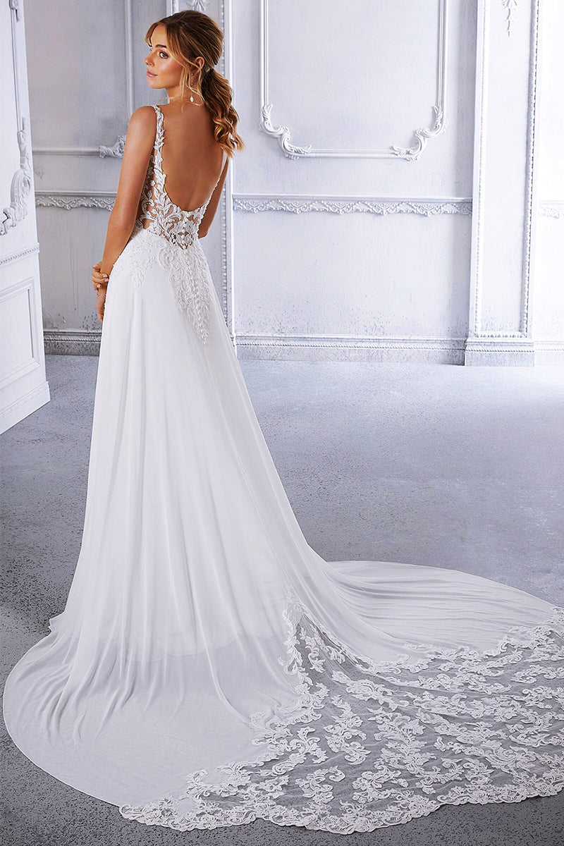 Kelsey Chiffon & Lace Wedding Dress | Jewelclues | #color_white