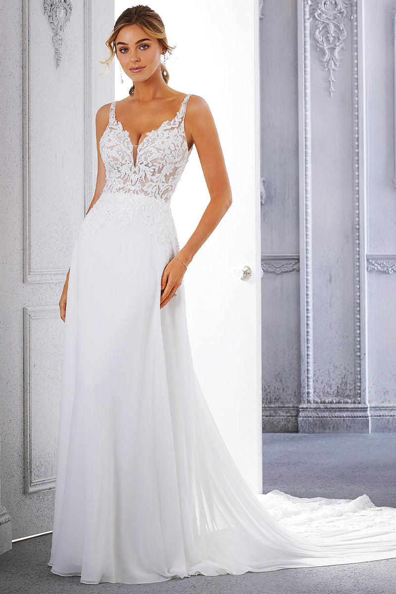 Kelsey Chiffon & Lace Wedding Dress | Jewelclues | #color_white