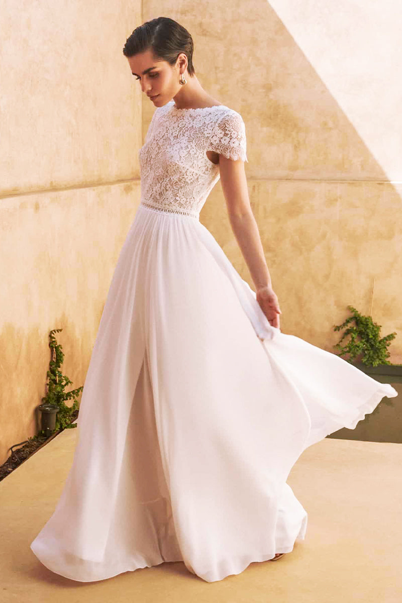 Kelsey Lace Chiffon Wedding Dress | Jewelclues | #color_white
