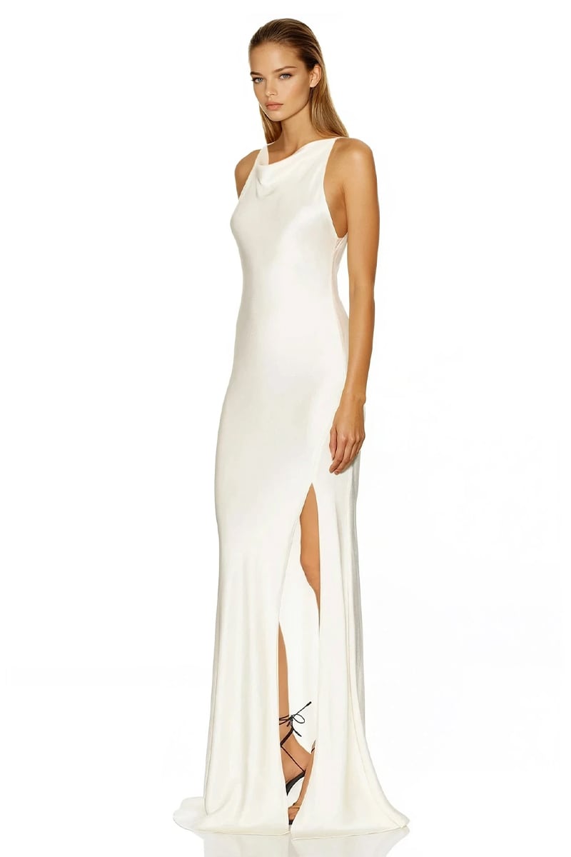 Lauren Ivory Satin Maxi Dress | Jewelclues